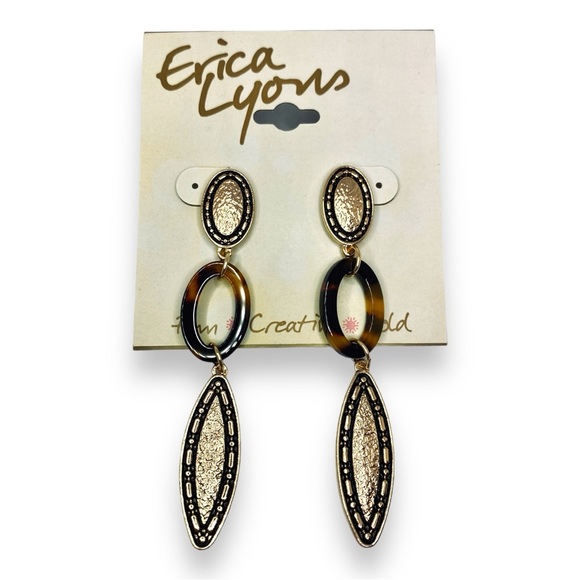 Erica Lyons Gold Tone & Tortoise Shell Oval Drop Post Earrings NWT - Picture 2 of 4